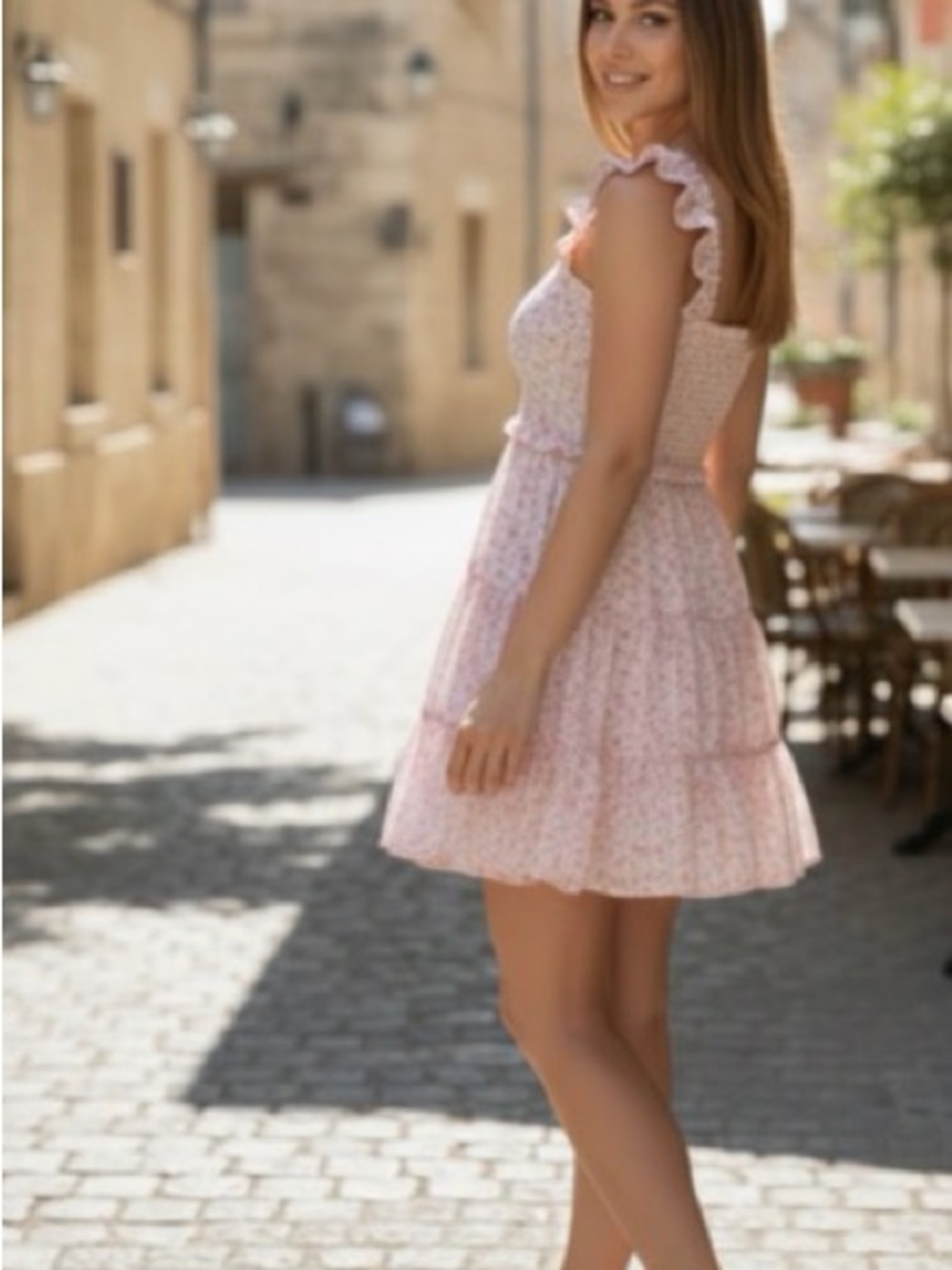 Women's Pink Floral Sundress with Ruffled Straps - Picture 4 of 6